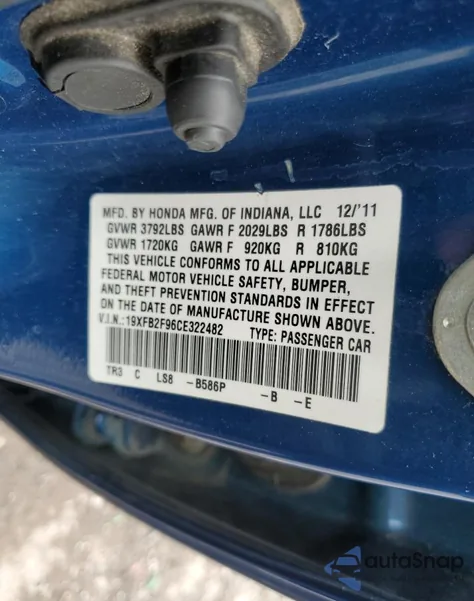 2012 Honda Civic Exl from USA, damaged, VIN 19XFB2F96CE322482
